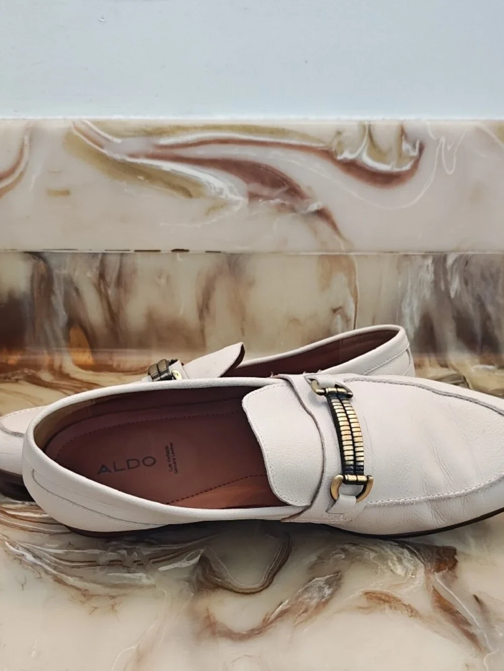 Aldo White Leather Slip-On Loafers with Gold-Toned Bit